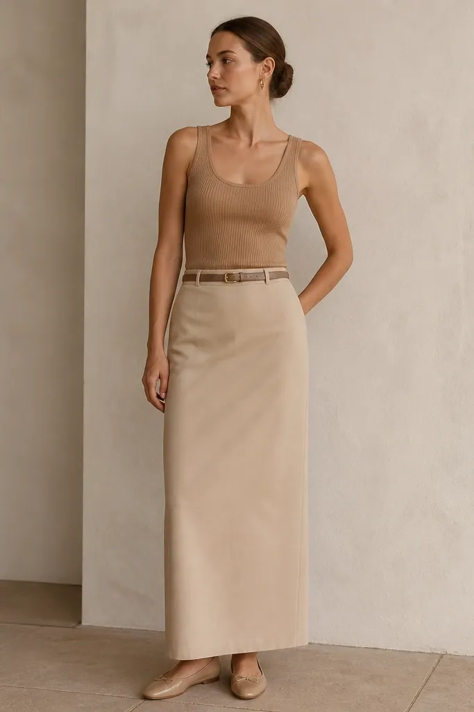 A straight, column beige maxi skirt in sand tone. It's paired with a camel ribbed tank tucked in, plus a thin belt with a small gold buckle. The look is styled with nude flats and small gold hoop earrings.