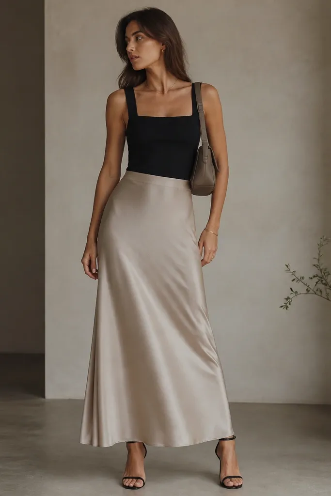 A greige beige maxi skirt with a subtle sheen. Paired with a black square-neck bodysuit that's fitted and smooth. The styling includes a black ankle strap heel and a taupe leather shoulder bag.
