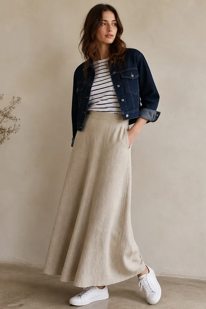 A light beige linen-blend maxi skirt with visible linen texture. Styled with a navy cropped denim jacket, worn open. The outfit is shown with a striped tee and white sneakers.