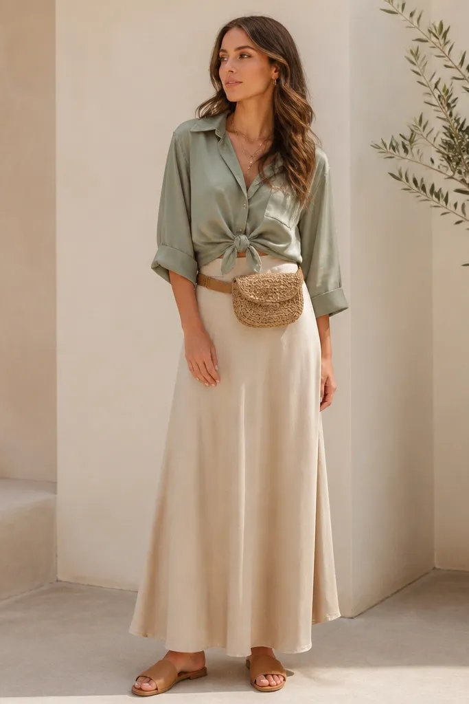 A warm oat beige maxi skirt paired with a sage green blouse that has a silky sheen and a soft drape. The blouse is knotted at the waist and the look is styled with tan slides and a woven belt bag.