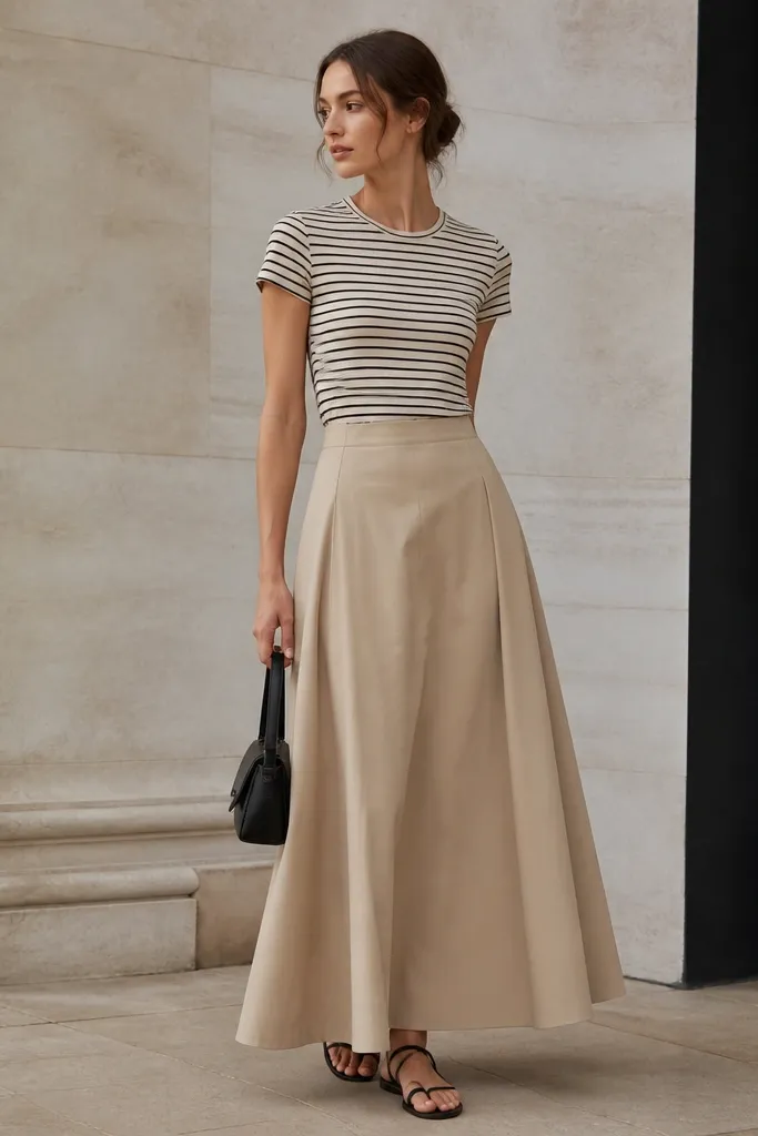 A sand beige maxi skirt with a subtle matte finish. A fitted short-sleeve tee with black-and-beige stripes is tucked in. Styling shows black flat sandals and a small structured bag.