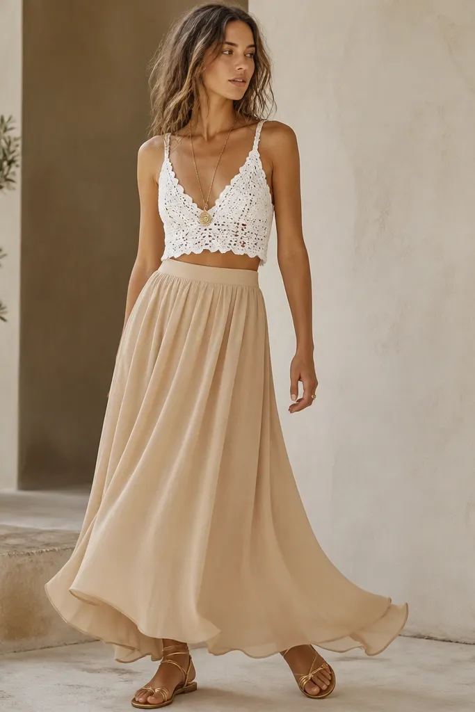 A warm beige maxi skirt with a soft, floaty hem. Over it, a white crochet crop top with scalloped edges is worn with a long gold necklace. The outfit is shown with gold strappy sandals.