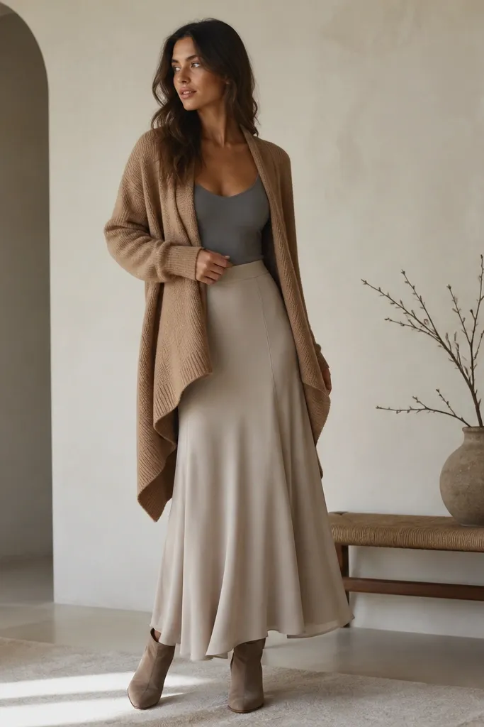 A greige beige maxi skirt paired with a camel knit wrap cardigan worn open. A grey bodysuit peeks out at the neckline. The look is styled with taupe ankle boots.