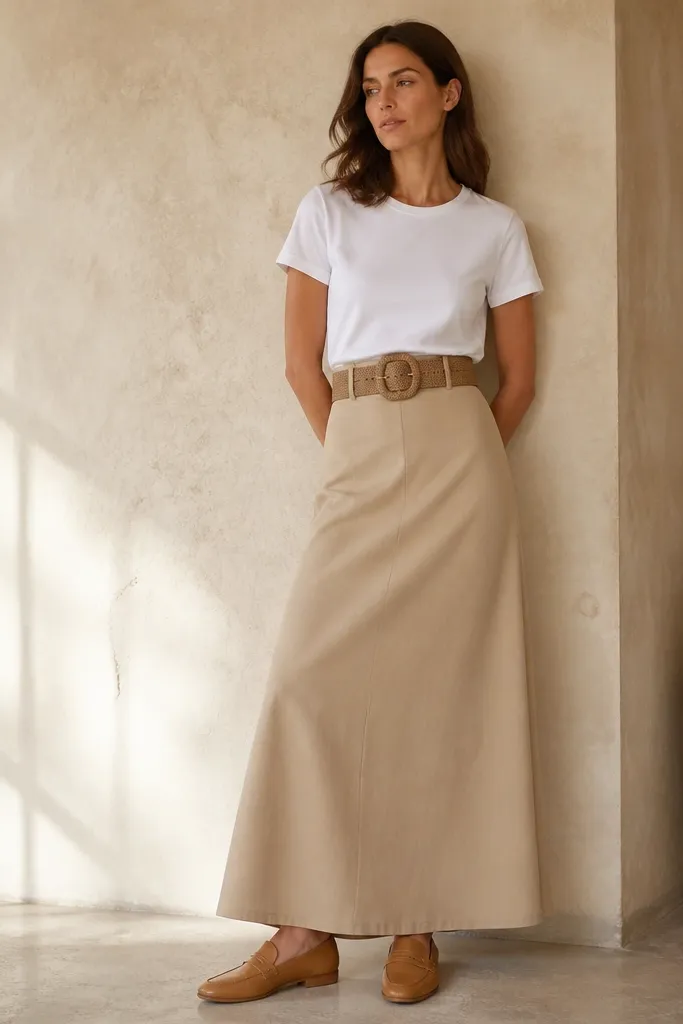 A neutral sand beige maxi skirt paired with a plain white crew-neck tee. The tee is tucked and the waist has a wide statement belt with a textured buckle. Shown with tan loafers.