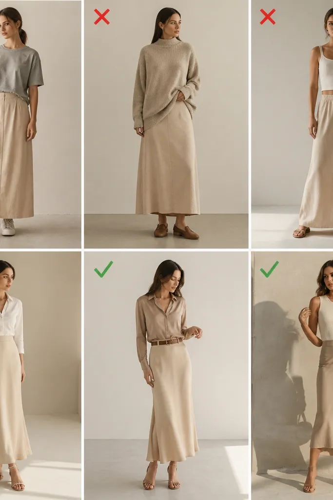Beige maxi skirt outfit mistakes to avoid