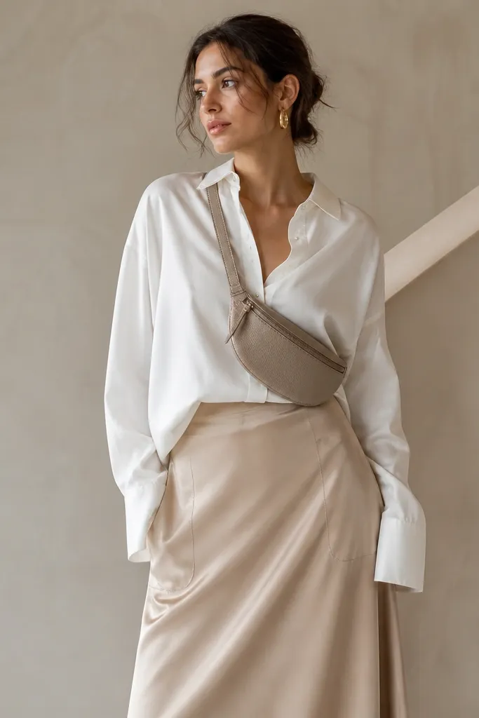 An ivory button-down shirt is half-tucked into a champagne-beige satin skirt. The skirt has side storage pockets visible through lining. The model wears gold hoop earrings and a belt bag worn across the front.