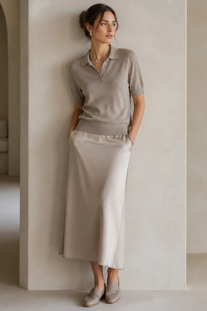 A taupe knit polo shirt is worn with a cool beige satin midi skirt. The skirt's side pocket openings sit near the hip seam, and the knit top has a fitted collar and sleeves. The outfit is paired with silver jewelry and taupe loafers.