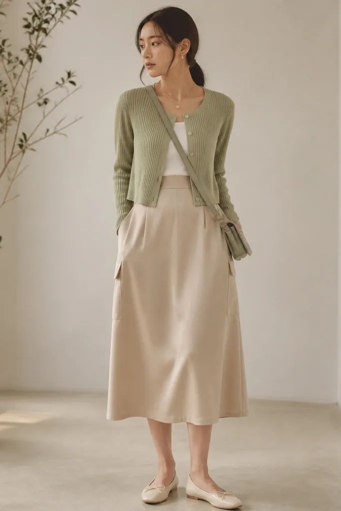A sage-green cropped cardigan is worn over a white top and paired with a beige satin skirt. The skirt falls to mid-calf and has storage pockets on the sides. The model carries a small crossbody with a matte strap.
