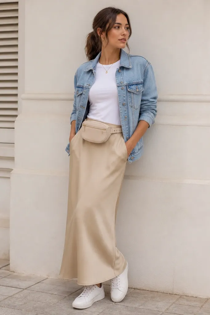 A light-wash denim jacket is layered over a white fitted tee and worn with a sand-beige satin skirt. Side pockets are visible at the hip seam. White sneakers and a small belt bag are shown.