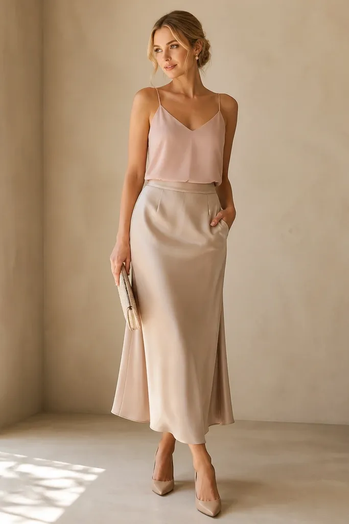 A blush satin-cotton camisole (matte finish) is worn with a neutral beige satin skirt with side pockets. The camisole is tucked with a clean front line. The model wears nude heels and a small clutch.