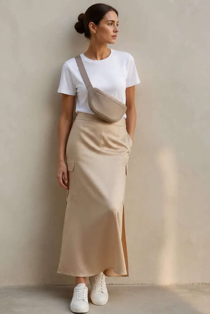 A plain white crew-neck tee is worn with a beige satin skirt that has side storage pockets. A structured belt bag with a matte finish sits across the front, and the tee is tucked at the waist. White sneakers and gold studs are shown.