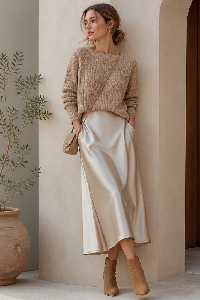 A tan knit sweater is paired with a beige satin skirt with side pockets. The sweater has a slightly cropped length and is worn with the skirt at the waist. The model wears tan ankle boots and a small crossbody.