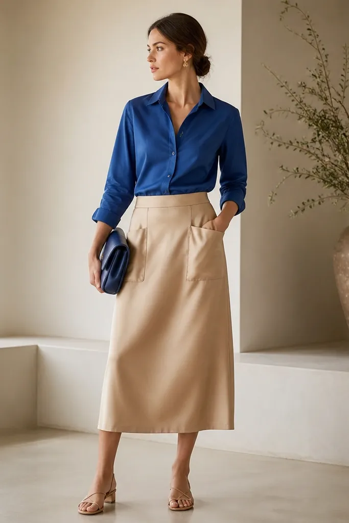 An ocean-blue blouse with a slight sheen (fabric is cotton, not satin) is worn with a beige satin skirt. The blouse is tucked and has a soft collar. The skirt has storage pockets and falls mid-calf. The model wears tan sandals and a blue leather clutch.