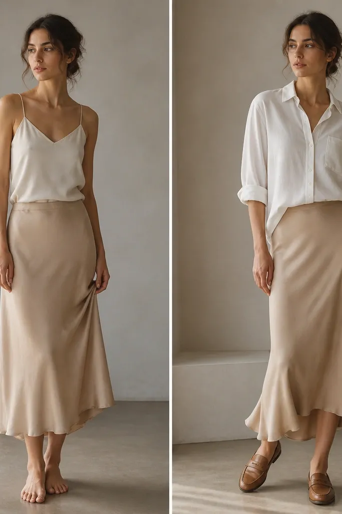 A model in two panels: before shows a beige silk skirt with a thin strap camisole and messy hem; after shows the same skirt with an ivory button-up blouse half-tucked, sleeves rolled to forearm, and tan loafers.