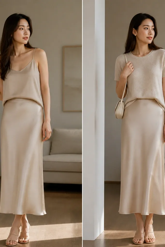 Two-panel image: before has a beige silk skirt with a loose beige tank; after has the same skirt with an oat knit tee tucked at the front and small pearl studs, plus a cream crossbody.