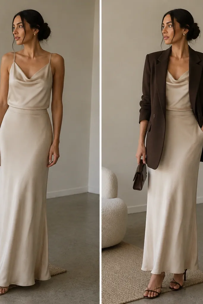 Before panel shows beige silk skirt with a beige satin cami and no jacket; after panel shows the same skirt with a sand satin cami layered under an espresso-brown blazer and strappy heels.