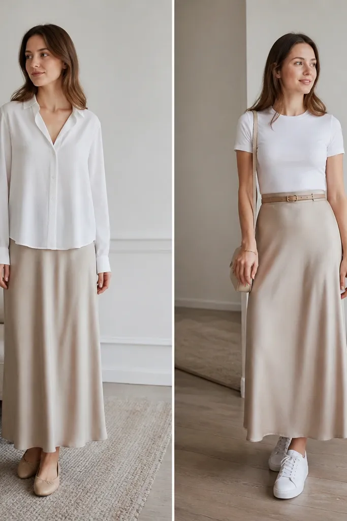 Two-panel image: before shows the beige silk skirt with a loose white blouse; after shows a fitted white tee tucked into the skirt, cinched with a thin micro-pleat belt, and white sneakers.