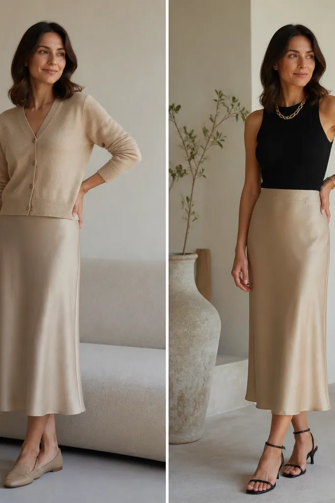 Before panel: beige silk skirt with a beige cardigan. After panel: beige silk skirt with a black ribbed top, a chunky gold chain necklace, and black strappy sandals.