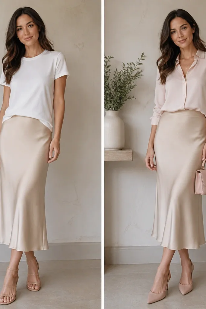 Two-panel image: before shows beige silk skirt with a plain white shirt; after shows a soft blush button-down lightly tucked, with nude slingbacks and a blush-pink mini bag.