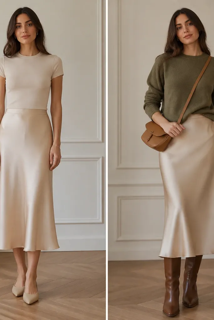 Before panel: beige silk skirt with neutral beige top. After panel: beige silk skirt with an olive crewneck sweater and tan crossbody bag, plus brown boots.