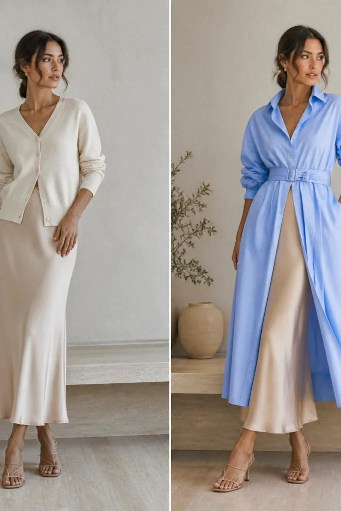 A model wearing beige silk skirt under a sky-blue shirt dress worn open and belted at the waist. The before panel shows the skirt with a simple cardigan; after shows the layered overlap with structured sleeves.