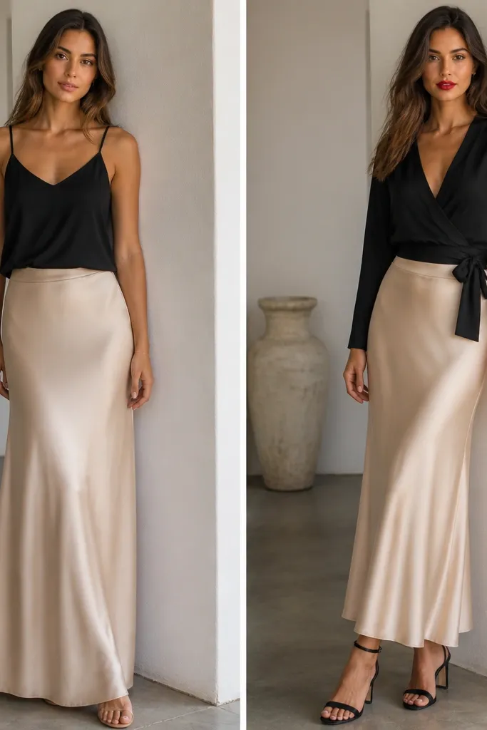 Before panel: beige silk skirt with a plain black camisole. After panel: beige silk skirt with a black wrap top tied at the waist, red lipstick visible, and black heeled sandals.