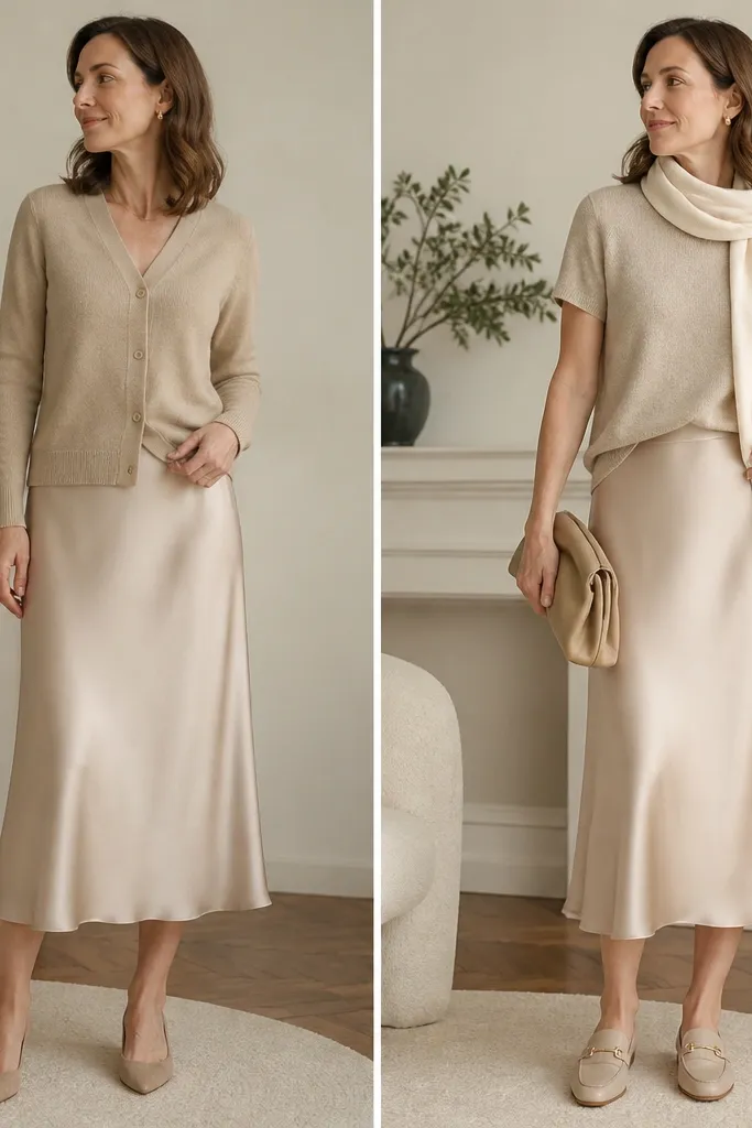 Two-panel image: before shows beige silk skirt with a beige cardigan. After shows an oat-toned knit top paired with the skirt, plus matching oat loafers and a cream scarf.
