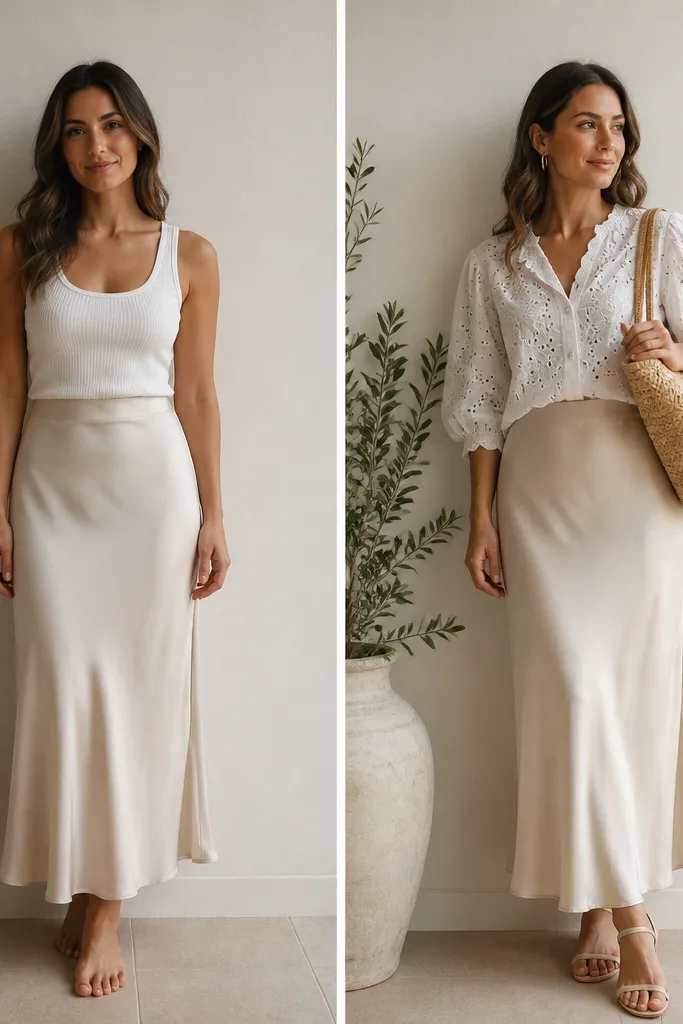 Before panel: beige silk skirt with a plain white tank. After panel: beige silk skirt with a white eyelet blouse, gold hoops, and a straw tote.