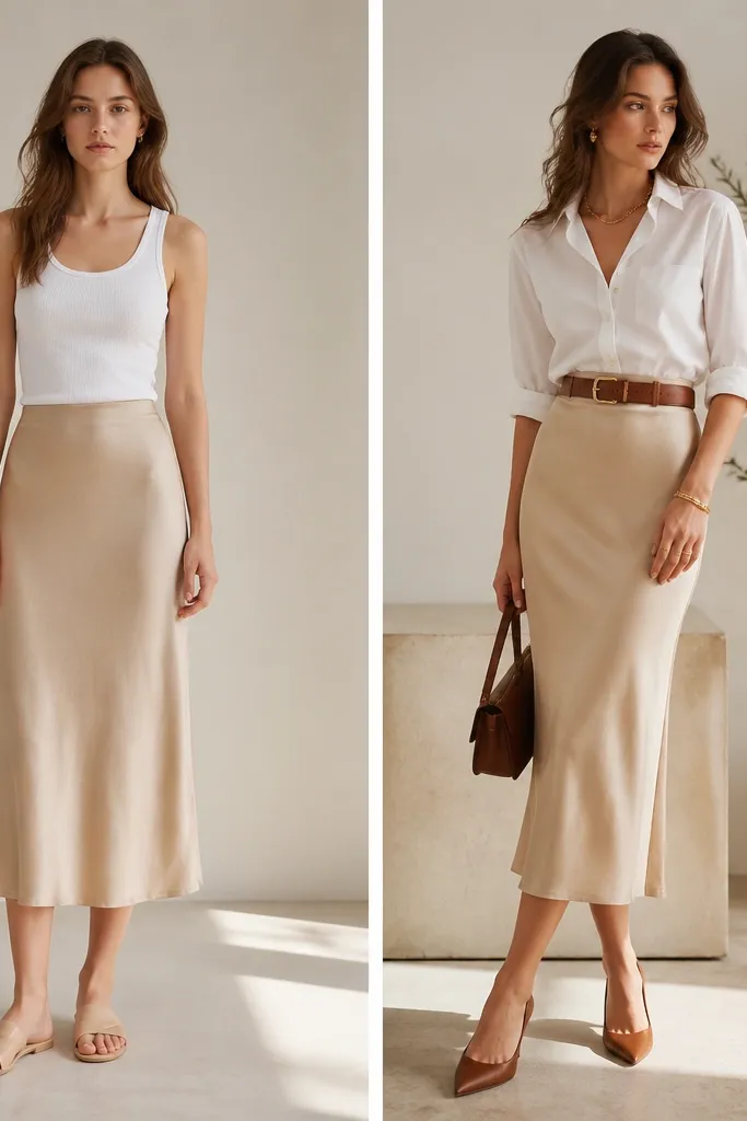 Beige silk skirt outfit before and after transformations