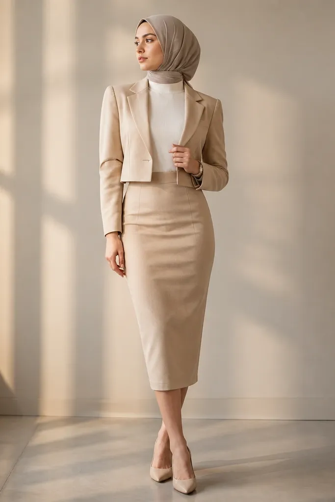 A pencil beige skirt in oat tones, paired with a light greige hijab. A beige cropped blazer with structured shoulders is worn over a white fitted top. The outfit is styled with nude heels and a simple watch.