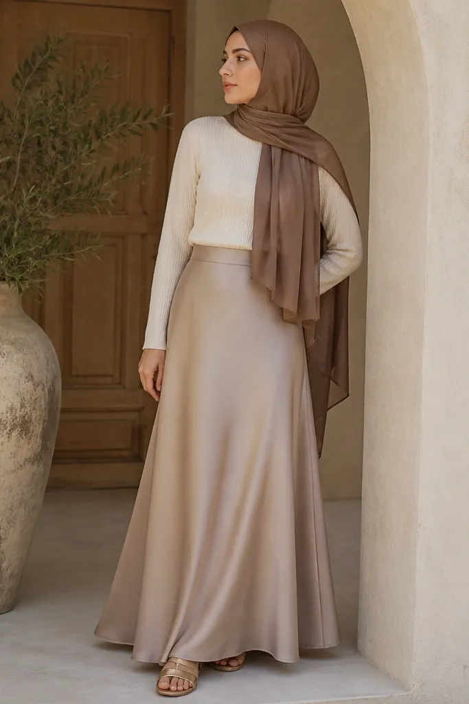 A flowing sand-beige maxi skirt with a soft sheen. The hijab is mocha-brown and slightly glossy. The outfit includes a cream knit top tucked in and gold flat sandals.