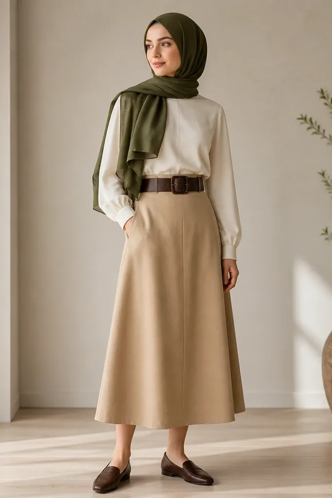 A camel beige skirt with a slight A-line shape. The hijab is olive green, matte with gentle folds. A wide espresso-brown belt cinches the waist over a tucked cream blouse. Brown leather loafers complete the look.