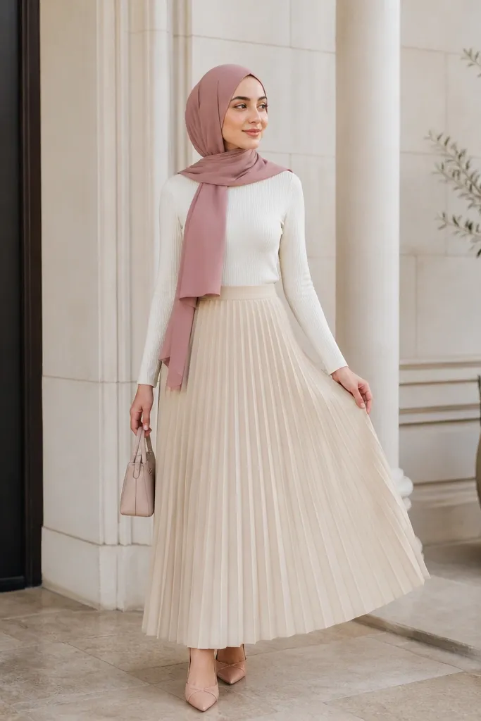 A light beige pleated skirt with fine, evenly spaced pleats. The hijab is dusty blush rose, soft and matte. A cream ribbed top is worn tucked in, with blush-pink pointed flats.