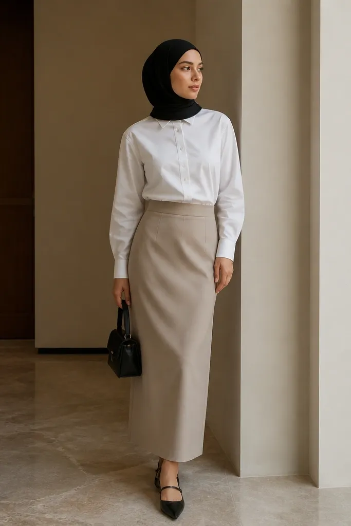 A greige-beige skirt in a straight cut, paired with a black hijab. A crisp white button-up shirt is worn tucked and buttoned. The outfit is styled with black pointed-toe flats and a small structured black bag.