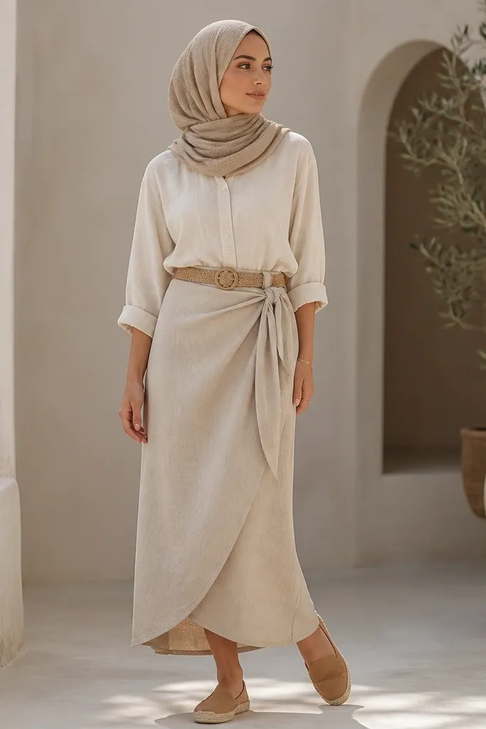 A stone-beige wrap skirt with a diagonal front tie. The hijab is sand-beige, woven texture visible. A cream blouse is worn with sleeves rolled to the forearm. There's a woven belt and tan espadrilles.
