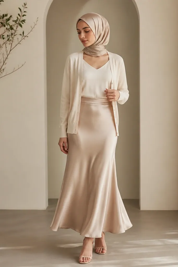 A warm beige satin skirt with a gentle sheen and a slight bias drape. The hijab is champagne-gold beige, smooth and reflective but not sparkly. A cream camisole top is worn under a light cardigan. Nude strappy heels appear at the bottom.