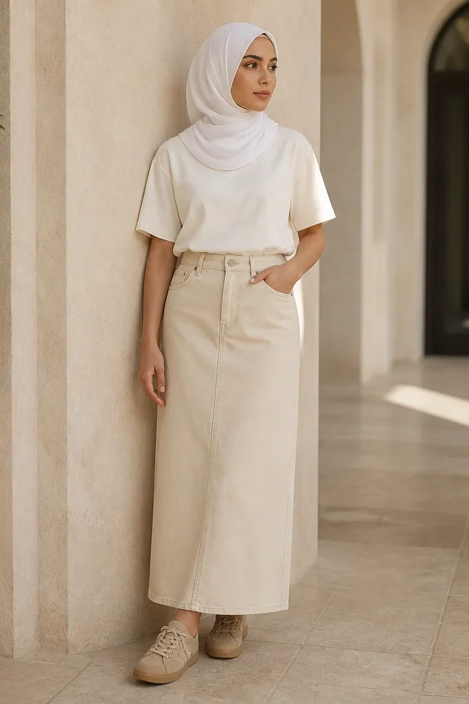 A light oat beige denim skirt with a clean seam and slight A-line shape. The hijab is pure white, matte cotton. A tucked cream tee is worn with tan low-top sneakers.