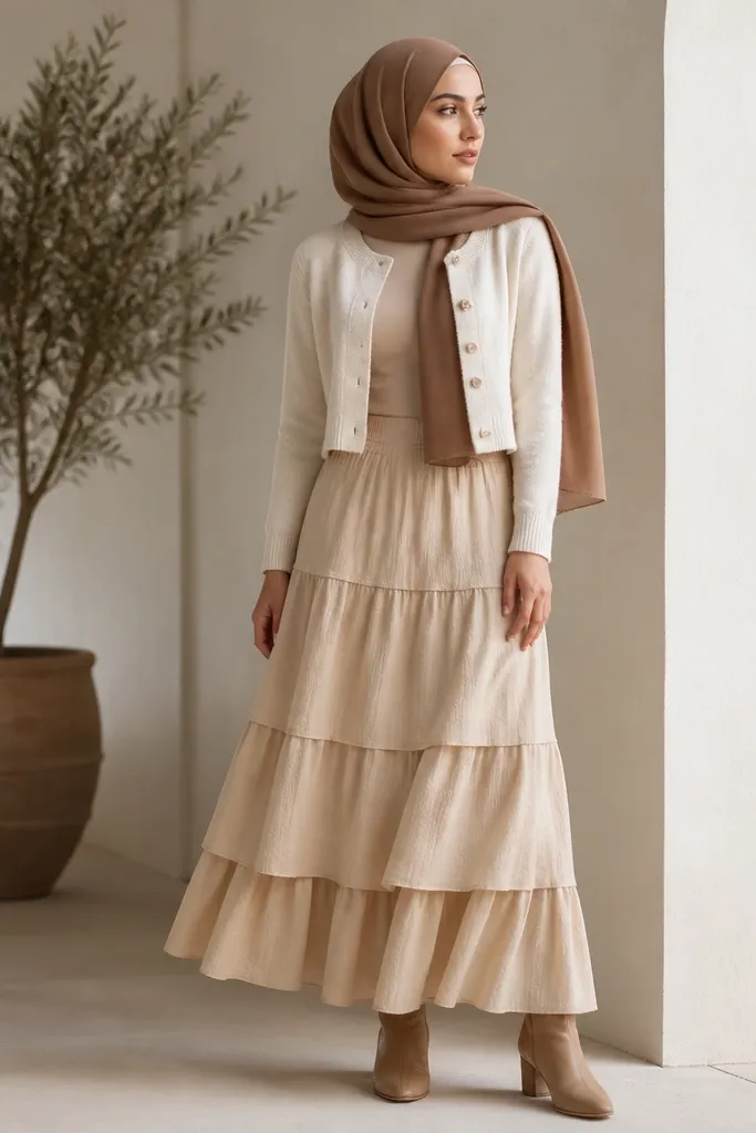 A beige tiered skirt with visible layers and soft volume. The hijab is honey-brown, semi-matte. A short cardigan in cream is worn over a fitted top, with tan ankle boots.