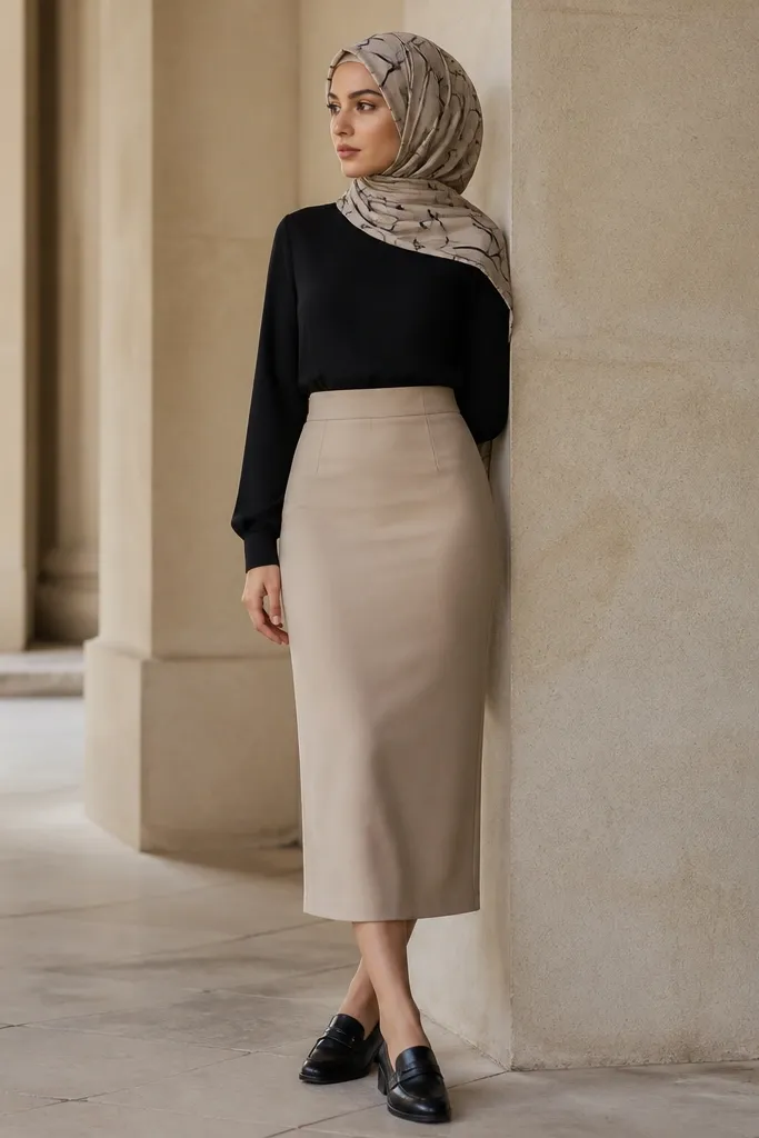 A sand beige pencil skirt paired with a hijab that has a black line pattern on a beige base. A plain black top is worn tucked in. The shoes are black loafers with a low heel.