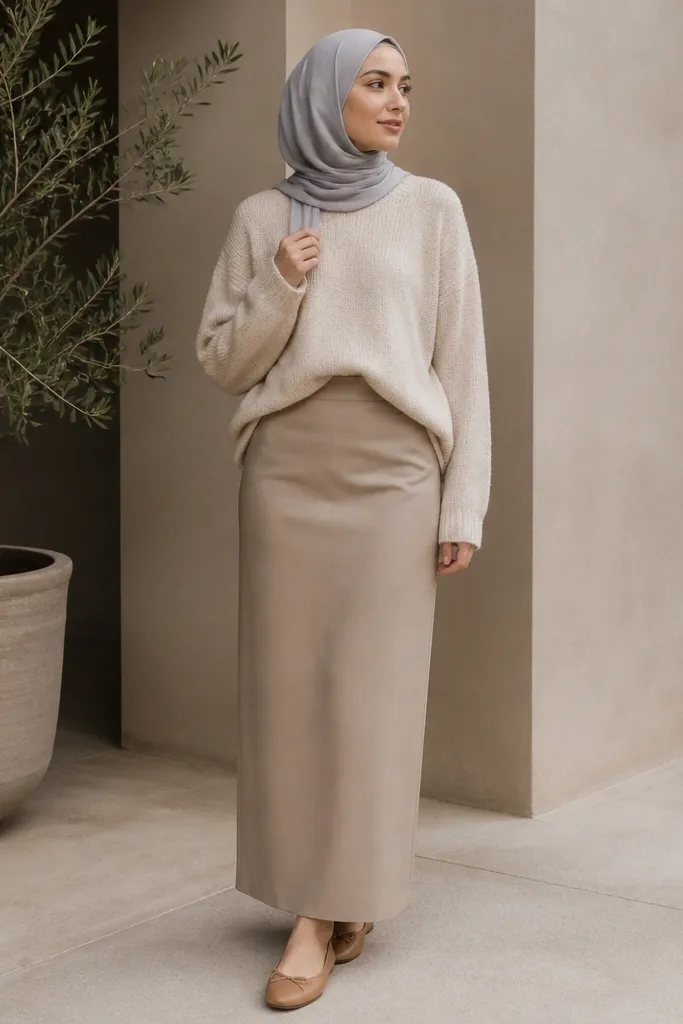 A taupe-beige skirt with a straight cut. The hijab is pale gray, matte jersey. A soft knit sweater in oatmeal is worn slightly oversized but tucked at the front. Light brown flats complete the look.