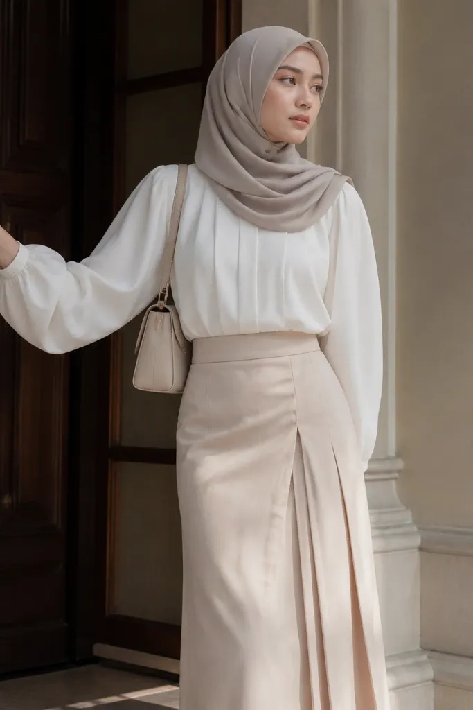 Aesthetic beige skirt outfit hijab styling