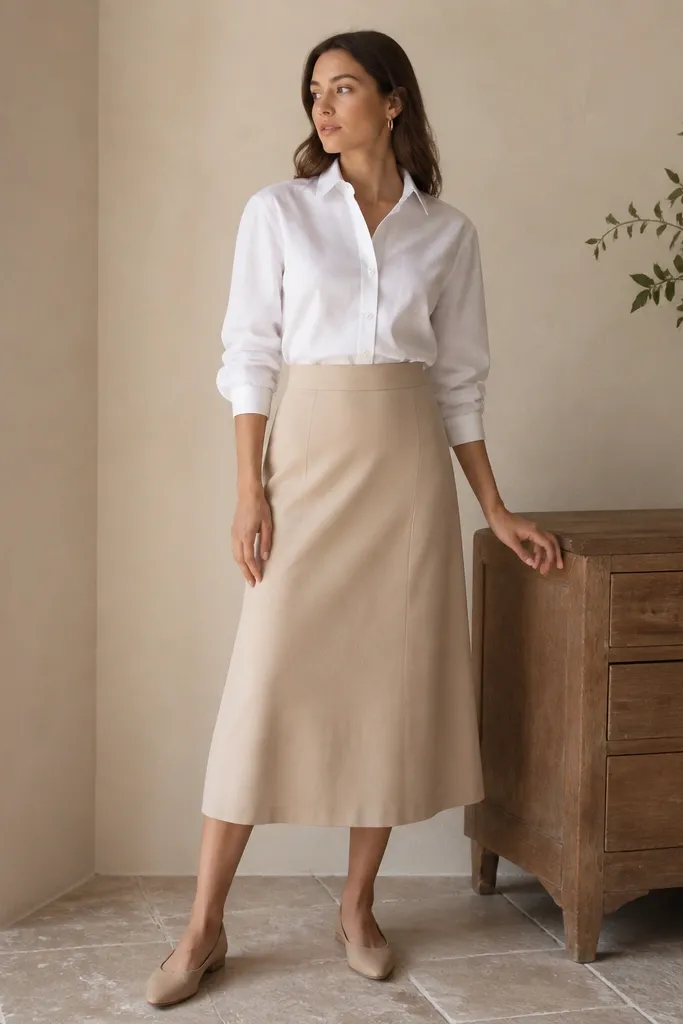 A crisp white button-down shirt worn tucked into a beige midi skirt. The model wears small gold hoop earrings and a thin belt or no visible belt, with nude flats.