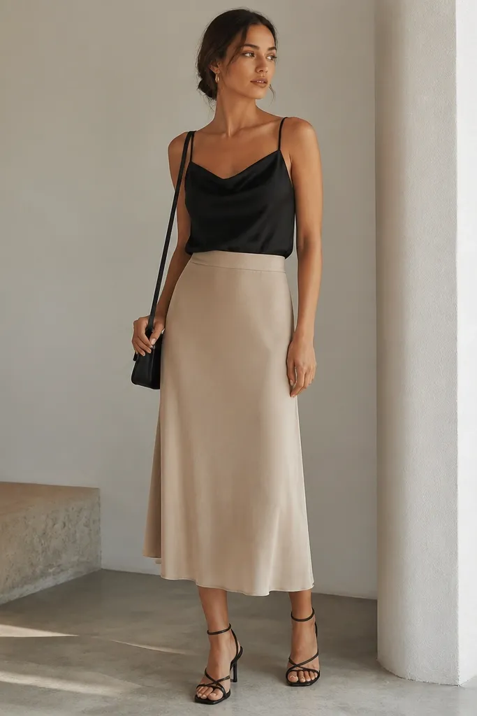 A black satin camisole with thin straps tucked into a beige midi skirt. The model wears black strappy heeled sandals and a small black crossbody bag.