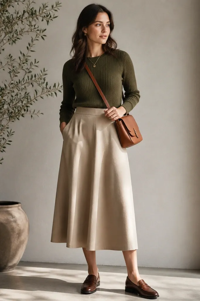 An olive ribbed knit sweater tucked into a beige midi skirt with a gentle A-line silhouette. The model wears brown leather loafers and a crossbody bag in cognac.