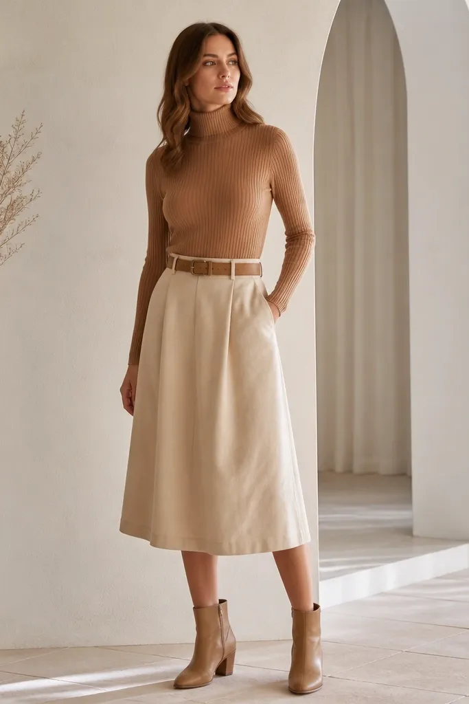 A camel ribbed turtleneck tucked into a beige midi skirt. The model wears tan ankle boots with a small stacked heel and a matching belt.