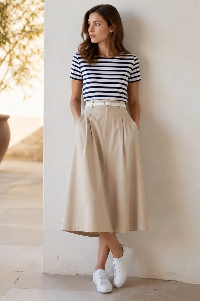 A navy and white striped short-sleeve tee tucked into a beige midi skirt. The outfit includes a white belt and white sneakers.