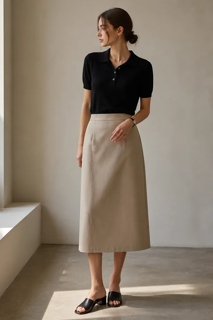 A black knit polo shirt worn tucked into a beige midi skirt. The model wears black low-heel mules and a simple watch.