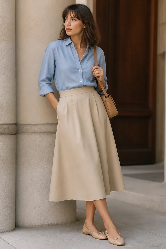 A light blue chambray button-up worn tucked into a beige midi skirt. The model has nude flats and a small shoulder bag in tan.