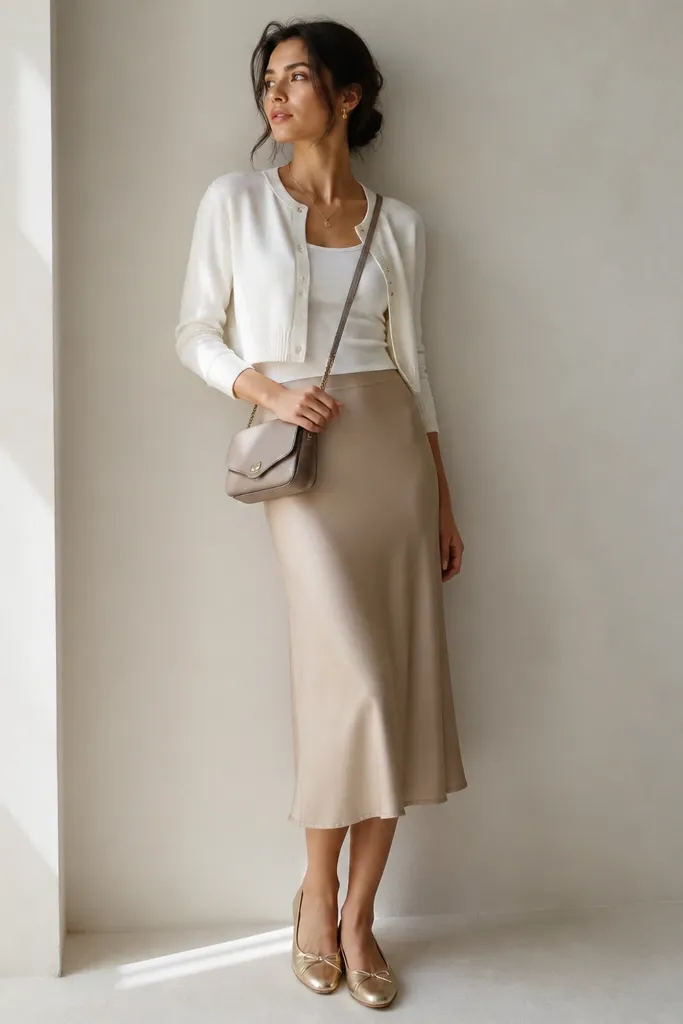 A white cropped cardigan worn over a fitted top, paired with a beige midi skirt. The model wears gold-toned ballet flats and a small crossbody bag.