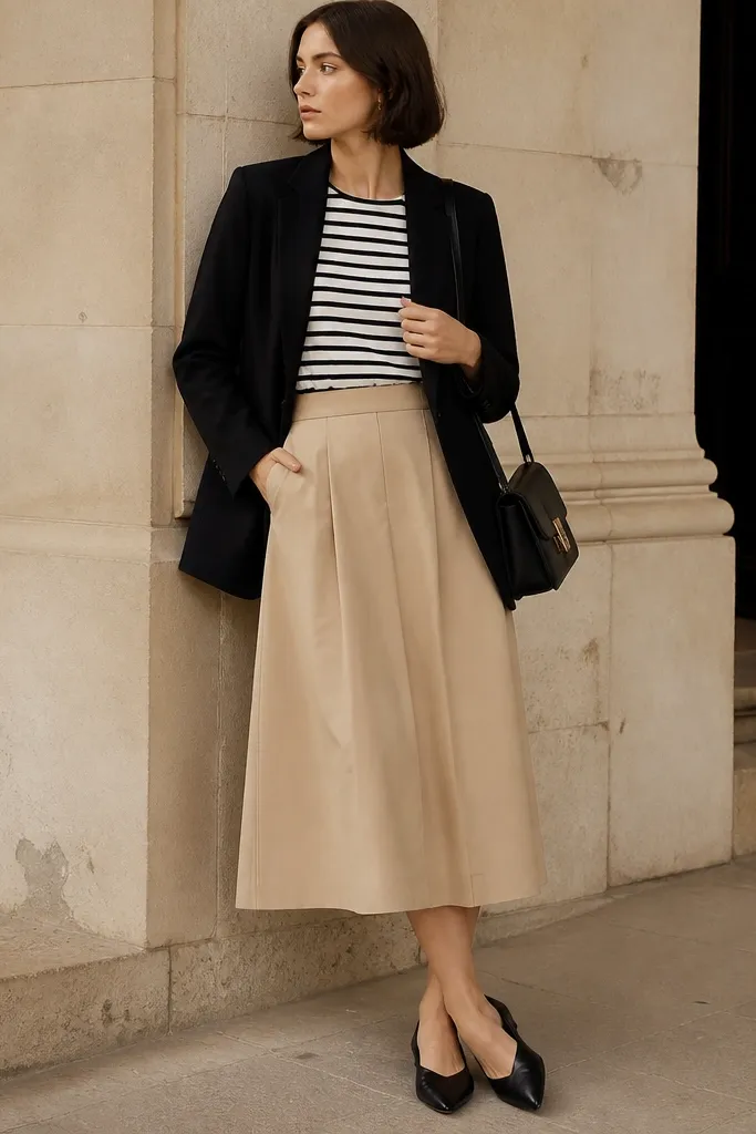 A black tailored blazer over a striped tee tucked into a beige midi skirt. The model wears black pointed-toe flats and a structured shoulder bag.